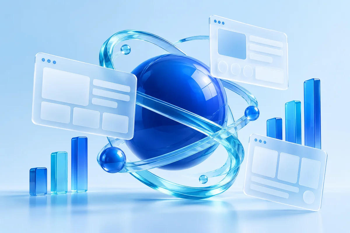 Neptune’s blue orbital sculpture with connected website and analytics panels